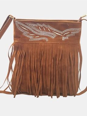 Brown Suede Fringe Crossbody Bag with Embroidered Accent